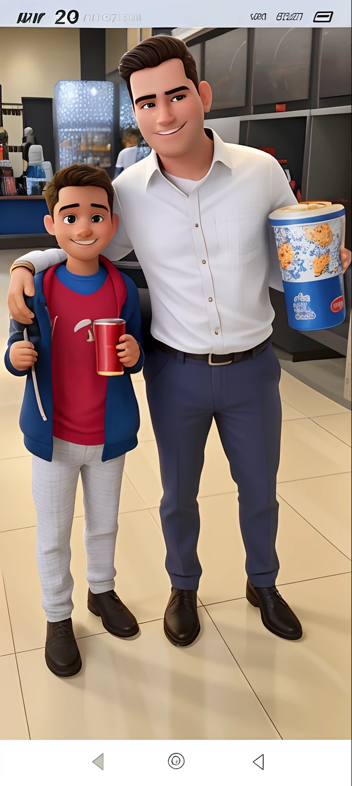 Disney Pixar Style Man and a boy standing in a store holding a can of soda, with a kid, alto e pequeno, aparecer em um shopping center, taken in the early 2020s, competition winning, grande e alto, muito alto, alto e magro, muito muito alto, magro e alto, figura alta e magra, Homem alto