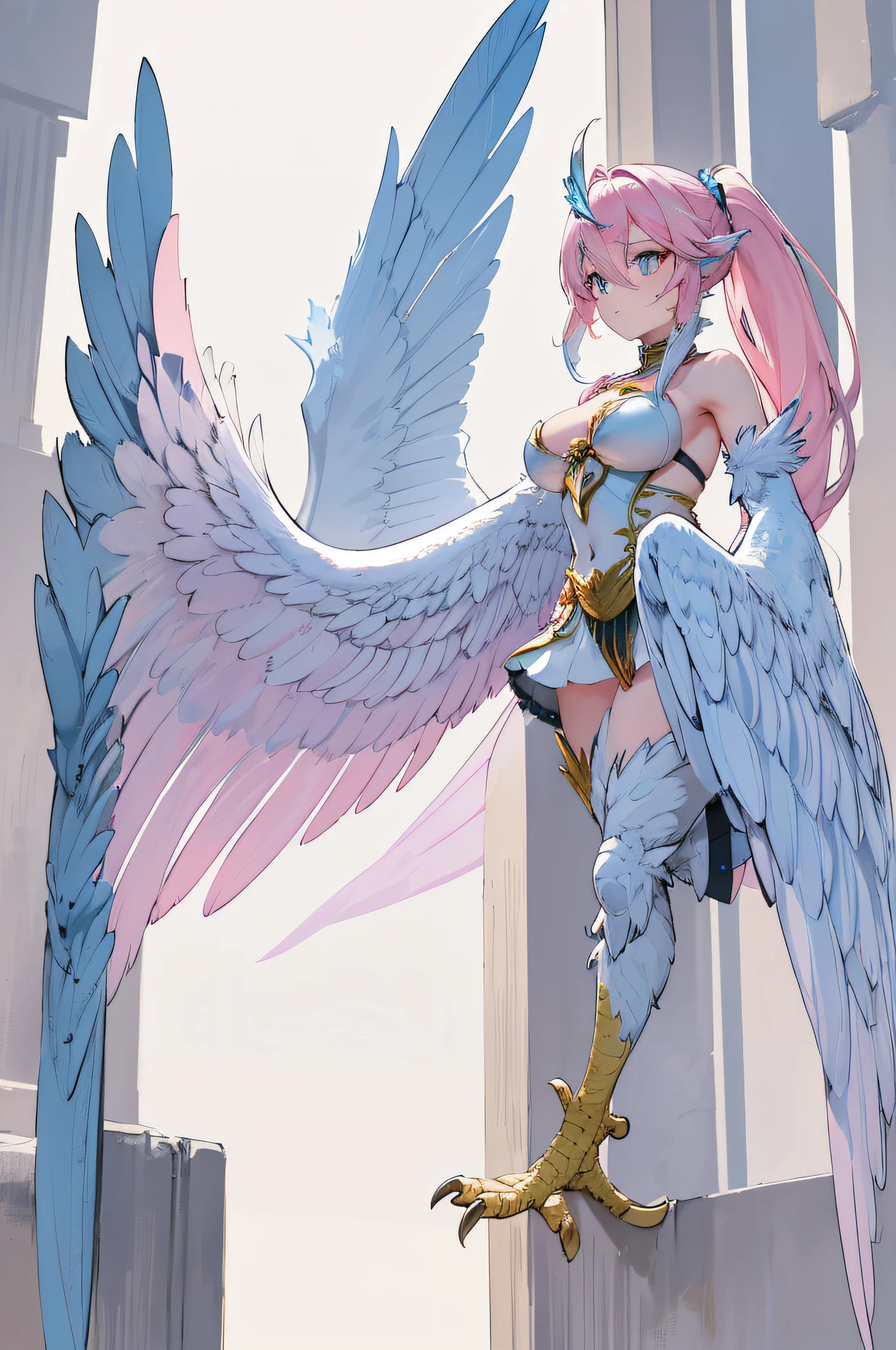 4k,hight resolution,One Woman,harpy,White pink hair,Long ponytail,Light blue eyes,White wings,Golden toenails,Valkyrie,White Knight's Armor,Heavy Armor,Winged headgear,Pink Gemstone Decoration,Temple in the Sky