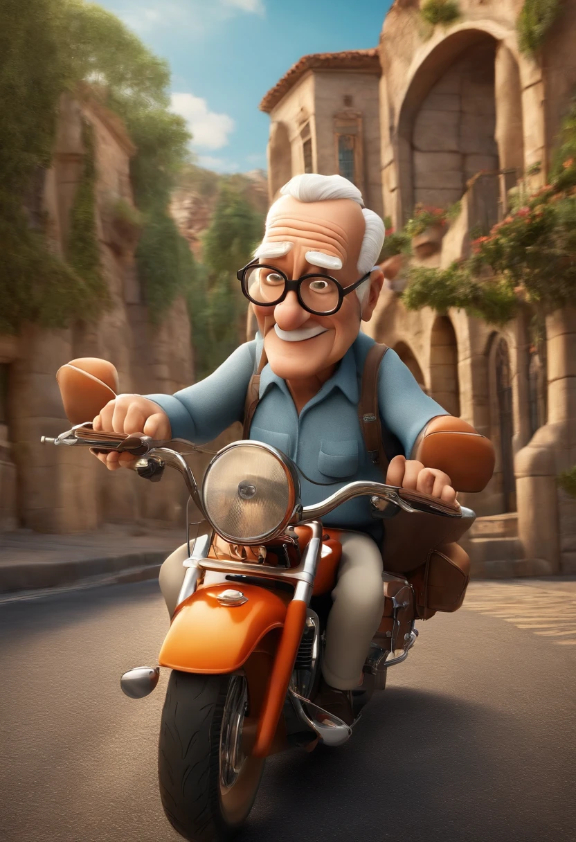 a 3D Disney Pixar poster of an elderly man with glasses, careca, pilotando uma Harley Davidson ultra glide em uma viagem de moto. (altamente detalhado:1.2), Realistic depiction of a senior man with glasses, entusiasta do motociclismo, with great attention to facial expressions and wrinkles, cena com cores vibrantes, Background with scenic landscapes and iconic landmarks, arte profissional, Capturing the joyful spirit of adventure and freedom, dynamic compositing, Beautiful lighting and shading, Capturing the essence of the open road.