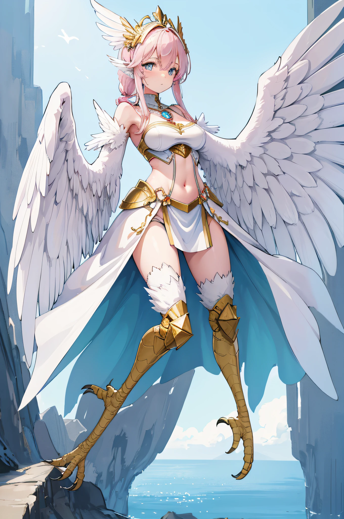 straight-on,pose,looking at viewer,solo, BREAK, CARTOON_Sorceress_heman_90s_ownwaifu, www.ownwaifu.com, breasts, long hair, medium breasts, white hair, lips, makeup, lipstick, blue eyes, monster girl, nose, red lips, animification, wings, feathered wings, feathers, white hair, angel wings, white wings, harpy, leotard, winged arms, bird wings, helmet, multiple wings, BREAK, official art, highres, scenery, (masterpiece:1.1), (best quality,:1.1), (high quality:1.1), (anime screencap:1.2),