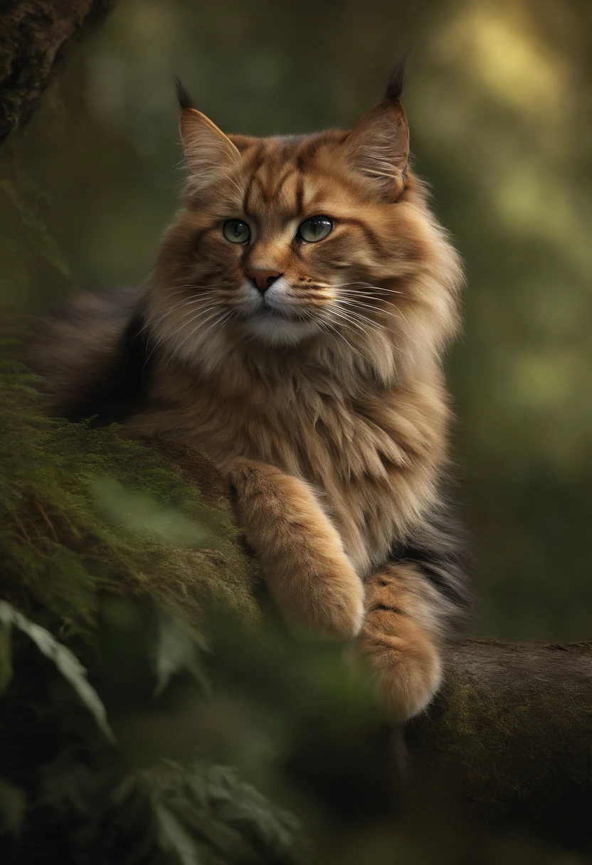 "(best quality,high resolution,fotorrealista:1.37),Gato cinza bonito com detalhes intrincados em uma floresta de fantasia escura,illustration,pelo macio e macio,cores vibrantes marcantes,abundantes tons de vermelho e preto,iluminado pelo misterioso luar"