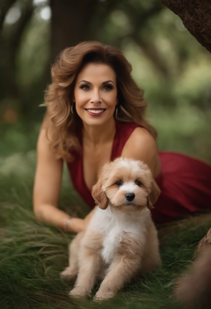 criar imagem de poste tipo puxar/Disney de uma mulher de 40 anos, branca, cabelo loiro, olhos castanhos, nariz redondo, rosto redondo, gordinha, nome celha, In a backyard with several dogs