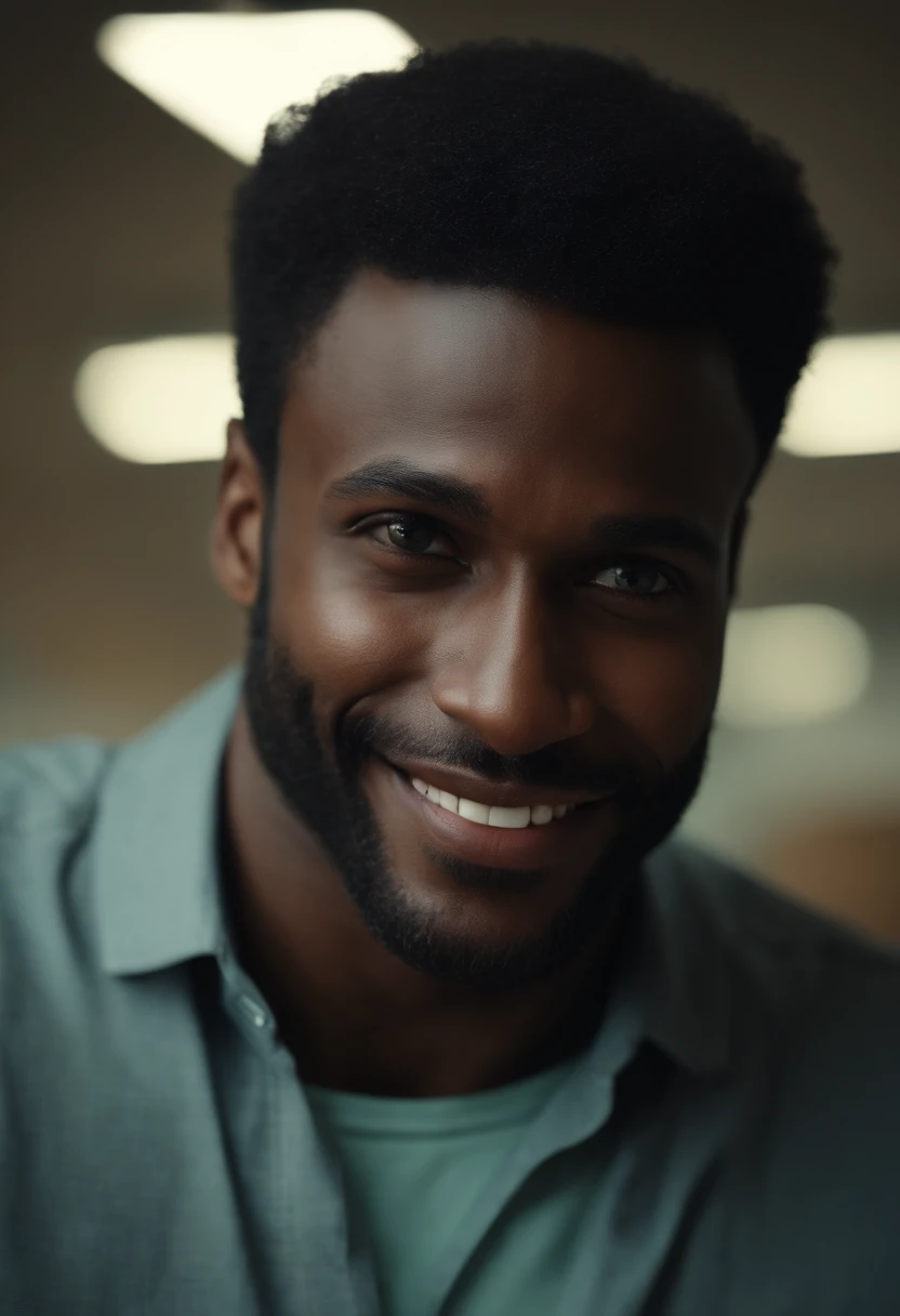 Dark-skinned man eyes
Light greens well-defined face and striking smile in an office realistic image in 4K
