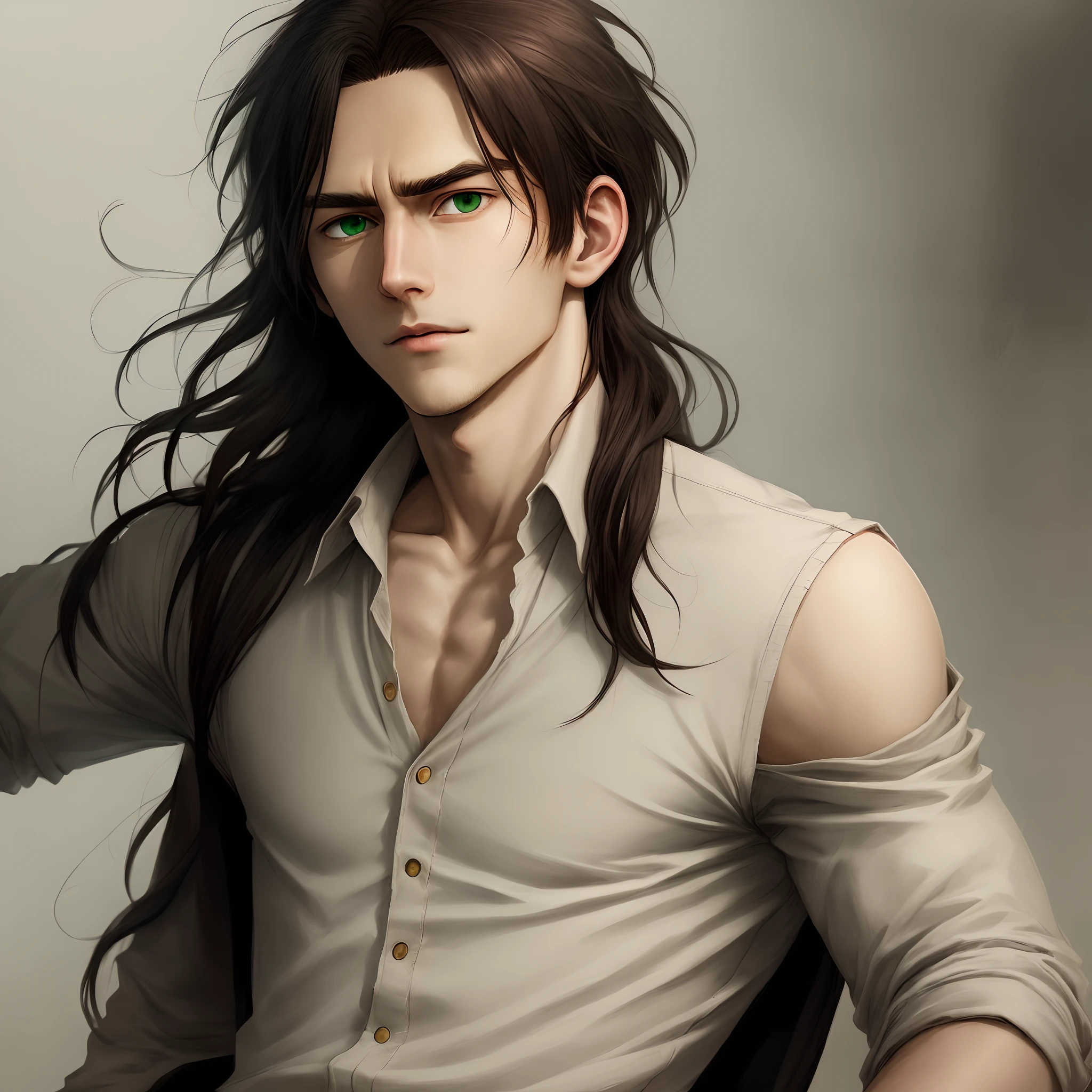Eren Yeager, realistic, long dark brown shoulder length hair, green eyes, bushy eyebrows, handsome.
