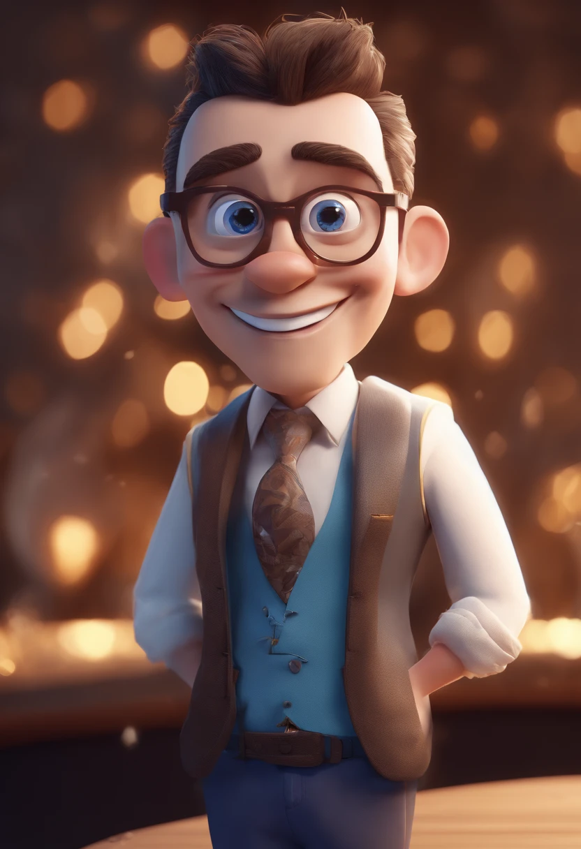 Cartoon character of a man with black glasses and a blue shirt, animation character, Caractere estilizado, animation style rendering, 3D estilizado, Arnold Maya render, 3 d render stylized, toon render keyshot, Personagem 3D, Personagem 3D, 3d rendering stylized, 3 d character render, personagem de desenho animado, Personagem de close up, Pose de personagem, (Estilo Pixar) (master part:1.2) (Bokeh) (best quality) (pele detalhada) (textura detalhada) (8k) (argila) (Cinematic lighting) (foco nítido