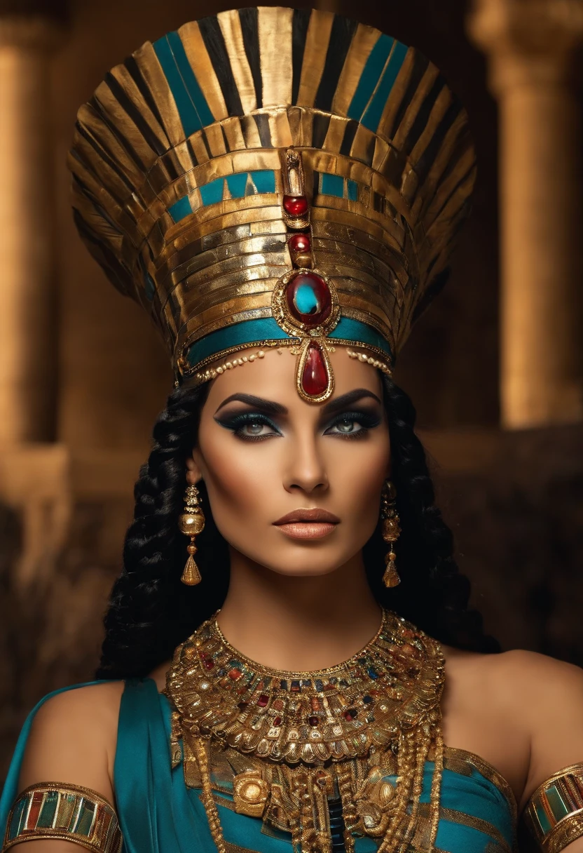 cleopatra rainha egipcia, with classic crown, e vestimentas egipcias luxuosas, com joias. pele cor parda, de corpo inteiro, wearing a period wig.  maquiagem egipcia