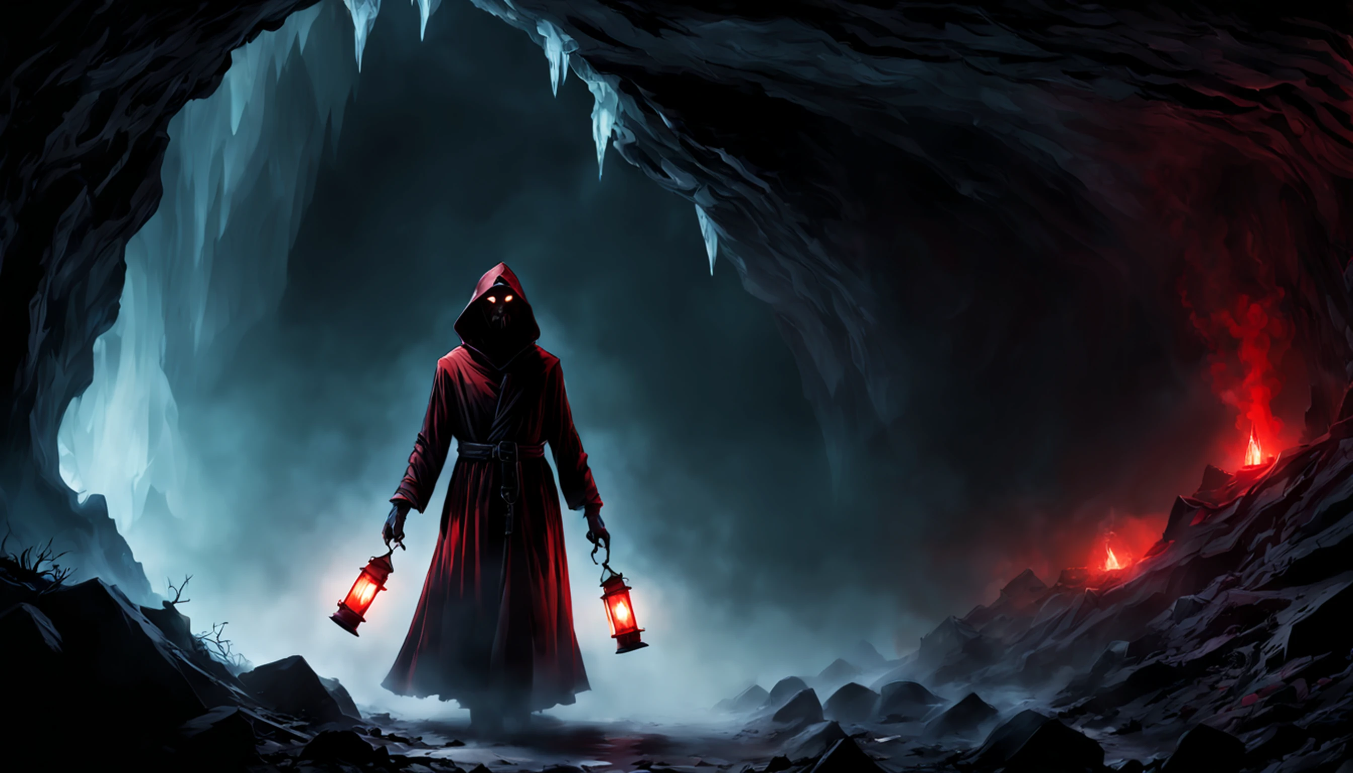 ((8k, very high resolution, masterpiece))), generate a high-resolution image of a wraith, a malevolent spirit that roams the mortal realm in search of souls to claim. The wraith is to be represented as a covert figure, his face obscured by a red cloth and his body shrouded in an ethereal, ghostly mist. The wraith must be holding a flashlight that emits a spectral light, which he uses to guide the souls he deems unworthy of resting until their final destination. The lantern is attached to one of his hands wrapped with a spiked chain, and must swing under his outstretched arm as he points at the viewer. The setting should be dark and frightening, portraying the wraith as a harbinger of death and despair. The background is an icy, dark cave, the light faint, mostly coming from the flashlight of the spectrum. Colors should be soft and menacing, with a focus on shades of red and blue. Use Stable Diffusion to ensure that the generated image is visually consistent and coherent, with a high level of detail and realism.