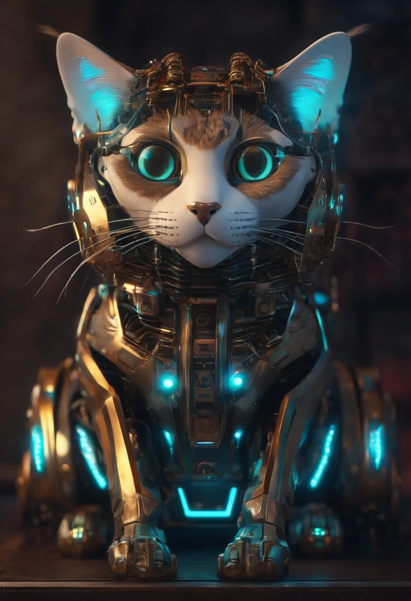 Ultra-high definition 3D CG concept art.Highly detailed portrait of a realistic robot cat,The robot's head is round and has no ears. stylish two-eyed face that glows red.The body is slim and stylish, (pocket on the abdomen for storing weapons1.2), ( stylish red collar and a golden bell around his neck1.3). The legs are bipedal humanoid,(The color is Blue and white two-tone colour) 、The face abdomen and legs are stylishly painted in white、Black background,The stylish depiction of the robot, the realism of each part of the mechanism, the texture and shine of the body and mechanism、Cinematic lighting, ultra-fine painting, physically based lettering,(Masterpiece, Best Quality, 16k), Ultra Super Fine View,Ultra detail,