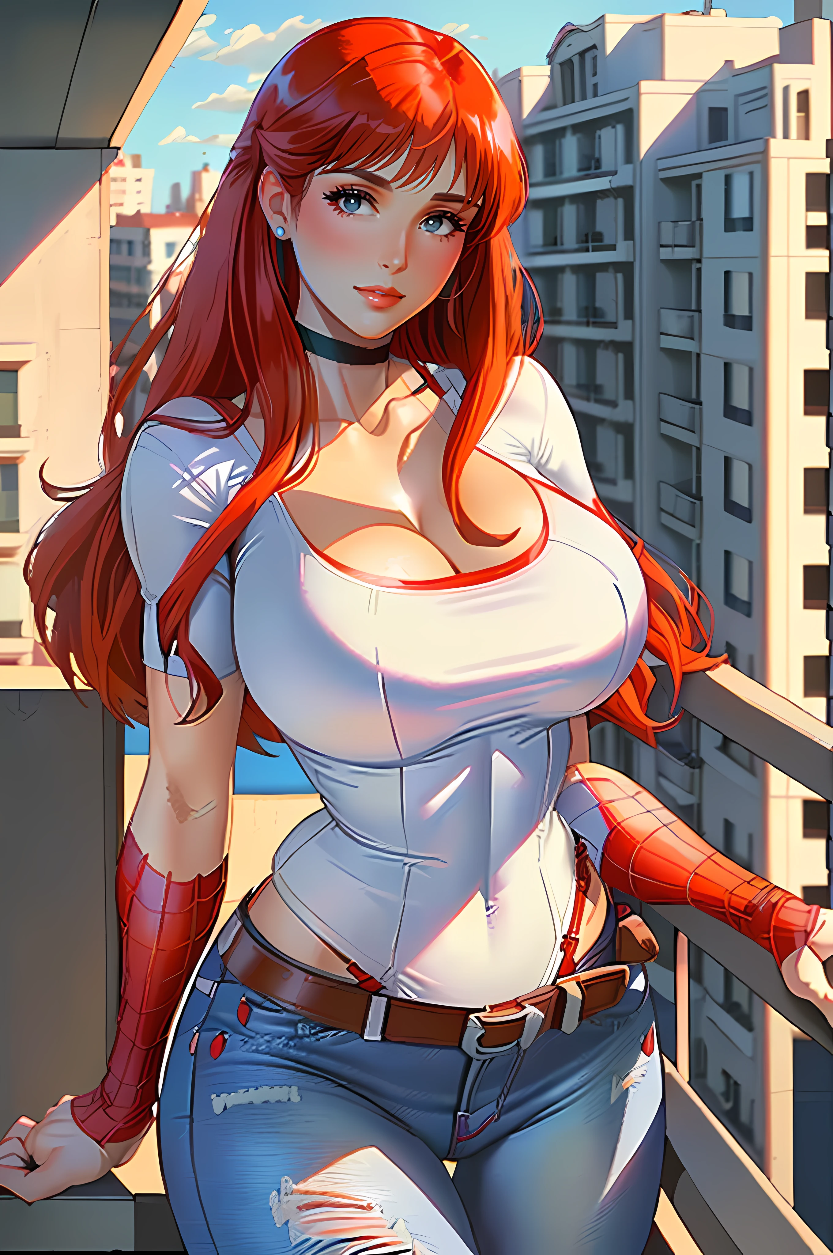 ((Mary jane watson from marvel comic series))  ((beautiful face)) (red lips) ((big bright eyes)) ((long redhead hairstyle with side bangs)) ((very huge breasts)) (perfect slim body) ((wears white t-shirt, tight low cut jeans)) ((choker, belt)) ((posing sexy on apartment balcony)) (high definition, dynamic lights and shadows) ((masterpiece)) (8k) (perfect face) (best quality) (perfect hands and eyes)