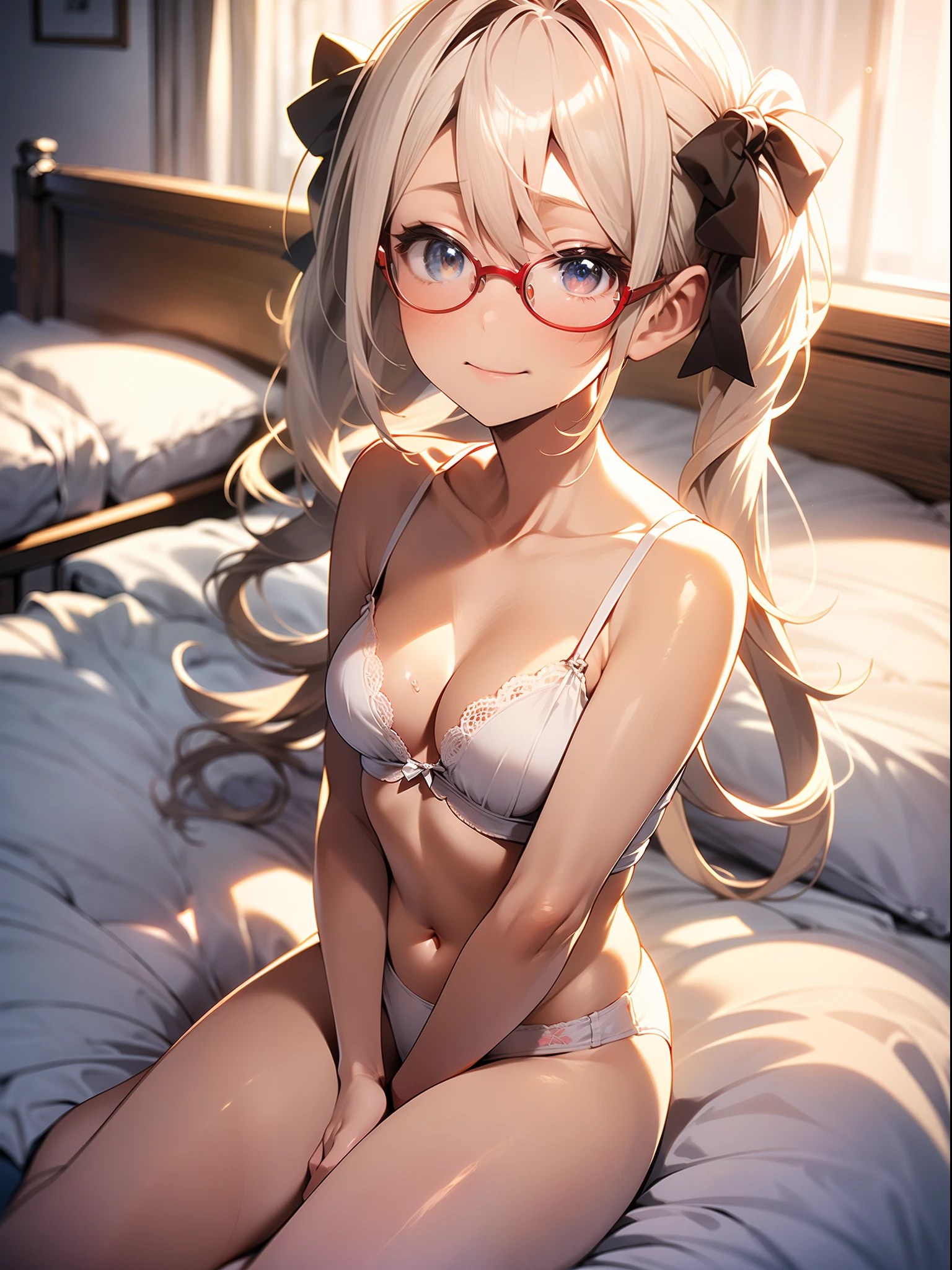 in 8K、top-quality、​masterpiece、ultra-detailliert、Ultra-high resolution、((1 persons))、girl with、a blond、Twin-tailed、Round big lens glasses、Medium chest、(((on the beds)))、Red face、White underwear、embarrassed from、Kamimei