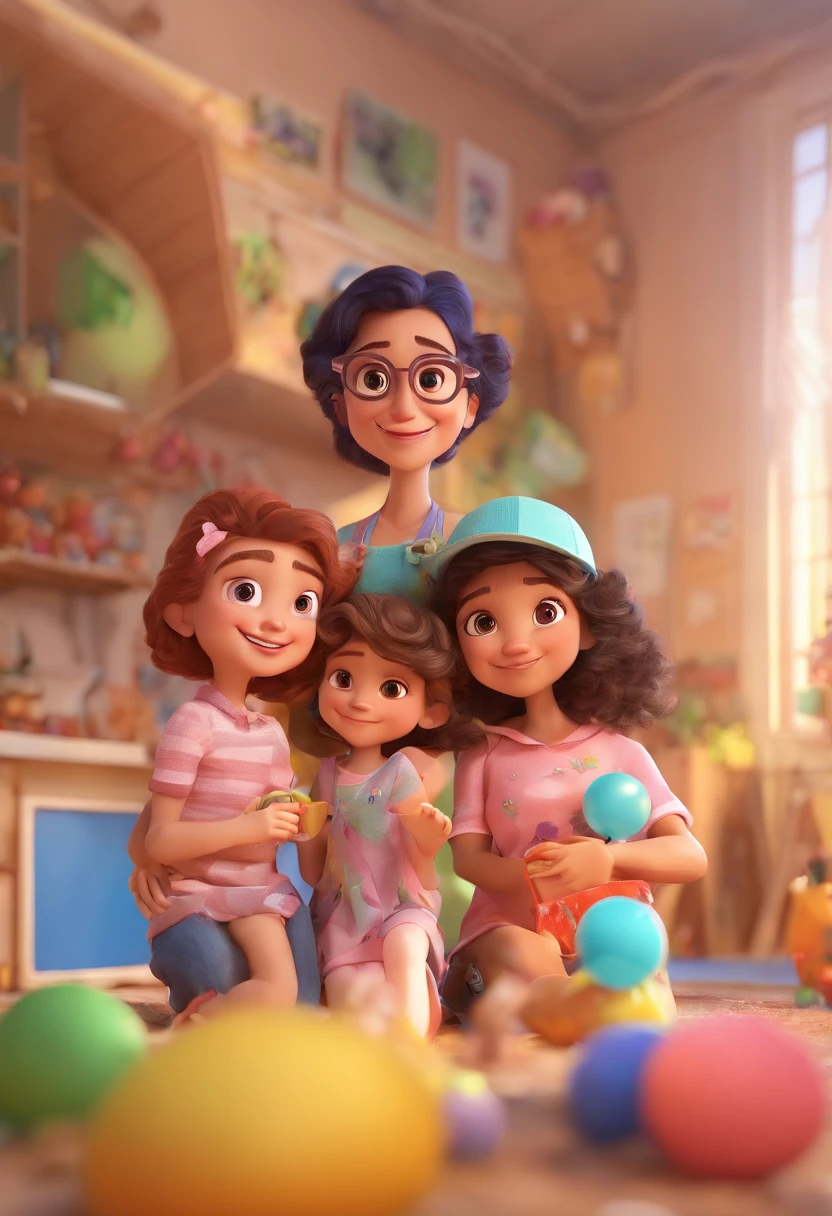 Estilo Pixar: Familia, Um pai, A mother and two girls. Uma menina de 5 anos e otra bebe de colo de 50 dias de vida. No fundo uma praia