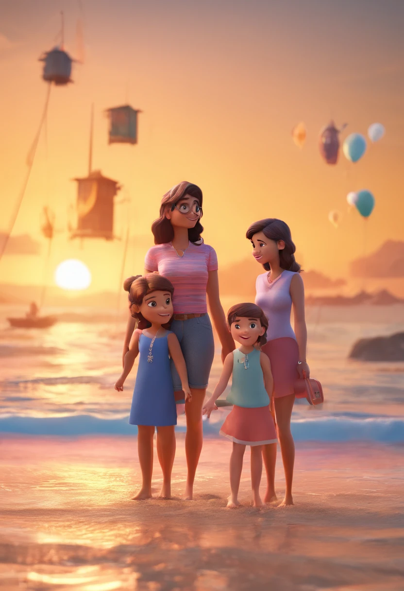Estilo Pixar: Familia, Um pai, A mother and two girls. Uma menina de 5 anos e otra bebe de colo de 50 dias de vida. No fundo uma praia