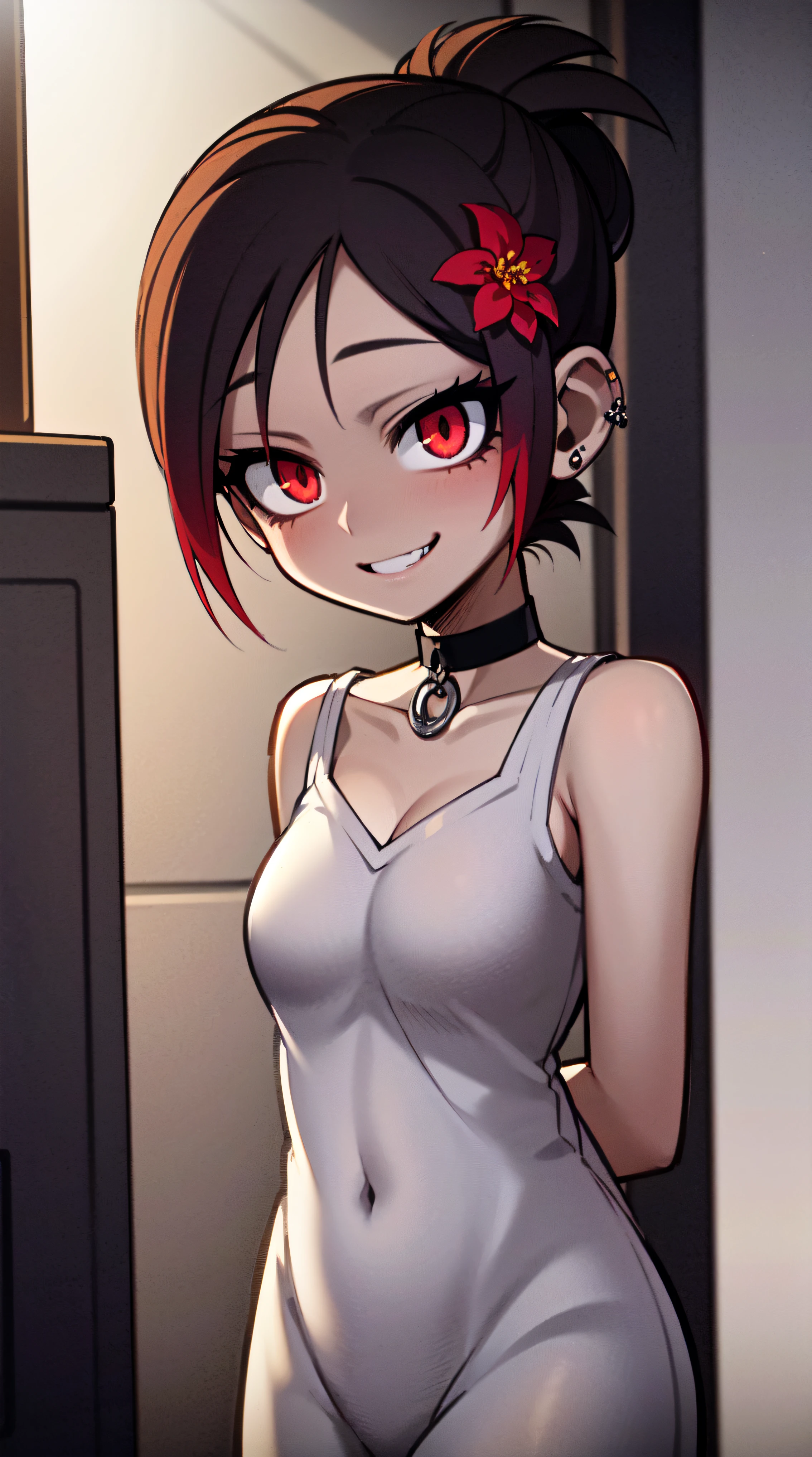 BLACKLIGHT, ((NSFW)), ((Small Boobs)), realistic art, extremely delicate and beautiful, ultra-detailed, (1girl), ((Red eyes)), floating, detailed light, illustration, dynamic angle, depth of field, ((((milf)))), girly, ((Red and White hair, multicoloured hair, Red highlights hair, (Ponytail), hair ornament, hair flower, flower, makeup, braid, smile)), demon eyes, fangs, pale white skin, (((best quality, 1girl, (skindentation), (blur background:0.6), (casual yet stylish, ((Demon Horns)), ), gorgeous, (short hair:1.5), soft lighting, wind, (front light:1.5), surprised, choker, smile, jewelry, earrings))), (ultra high res, best quality,), (8k, raw photo, best quality, masterpiece), technological sense, best quality, masterpiece, illustration,CG ,unity ,wallpaper, official art, Amazing, finely detail, an extremely delicate and beautiful,extremely detailed, highly detailed, sharp focus,rich background, (real person,photograph), ((high detailed skin)), ((( , (crazy eyes:1.3), (wide-eyed:1.2), (glowing eyes), (Demon) ))), (((a close up of a person with a weird face and nails, gothic maiden anime girl, gothic - cyberpunk, cyberpunk horror style, gothic art style, detailed digital anime art, gothic art, demon anime girl, gothic girl face, anime style 4 k, dark art style, anime cyberpunk art, gothic aesthetic, 1 7 - year - old anime goth girl, gothic horror vibes)))