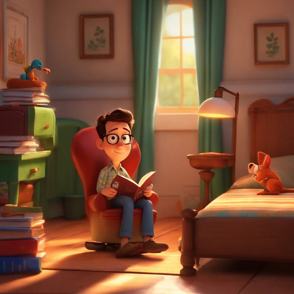 fundo branco, pixar desenhos animados 3D, homem lendo um livro, ::estilo pixar cartoon