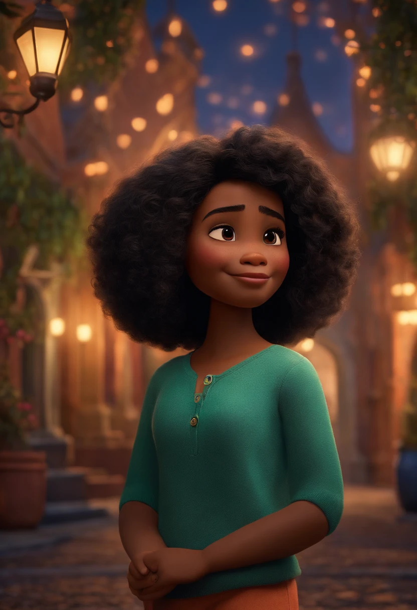 Um filme inspirado na Disney Pixar ( NEGRA JOVEM COM CABELO LONGO CACHEADO PRETO) dentro A cena estar na arte distinta do estilo PIXAR, descolada e estilosa