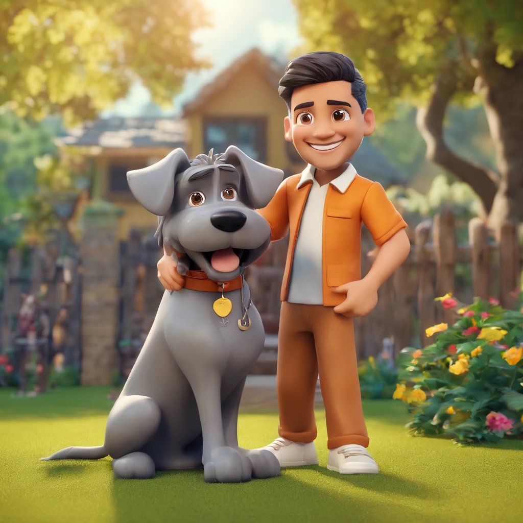 Celso is a smiling 35-year-old human boy, barba pequena ,cabelo preto, com seu fiel amigo, Bolt, o cachorro schnauzer, deitados no jardim