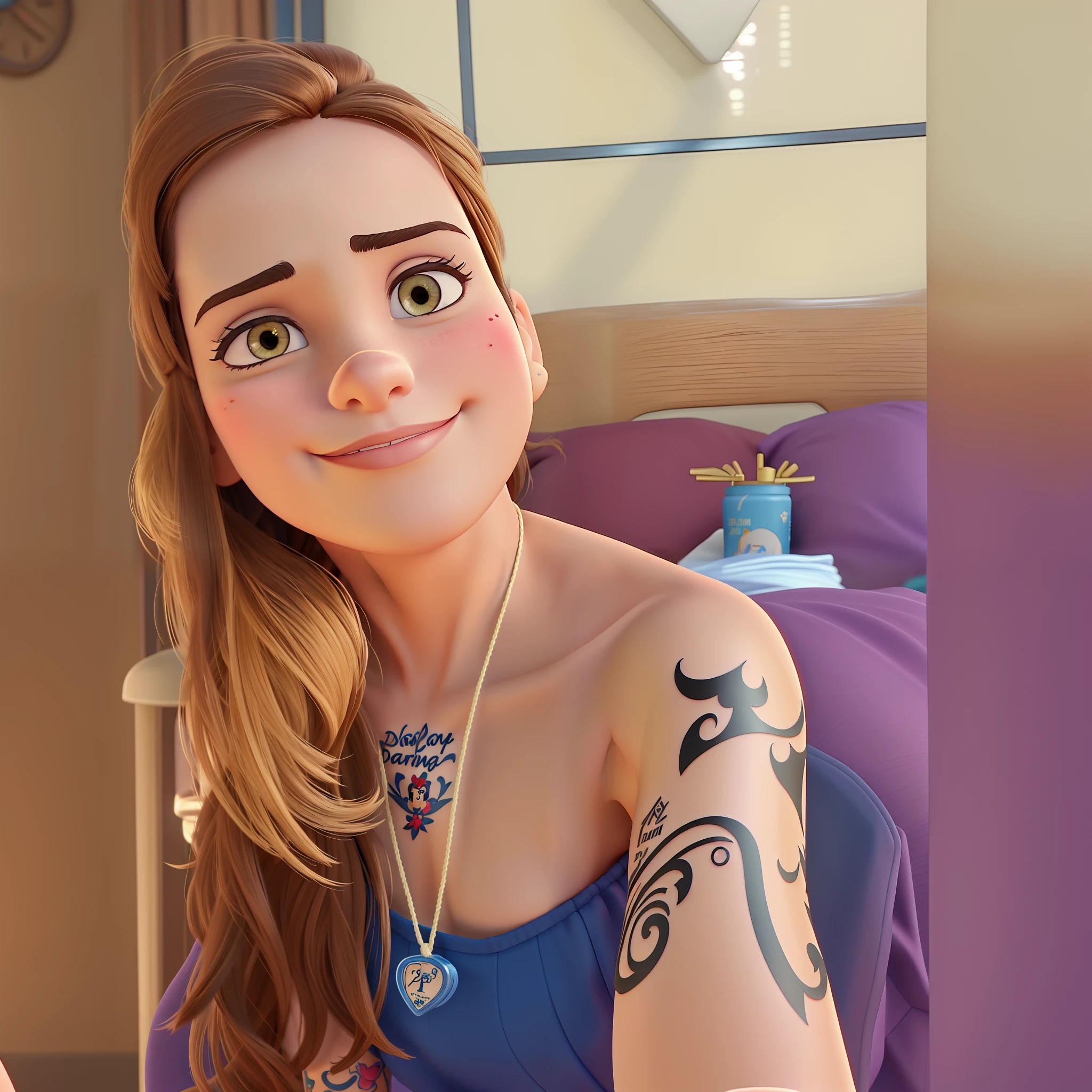 Brunette woman with tattoo on right arm disney pixar style, alta qualidade, melhor qualidade