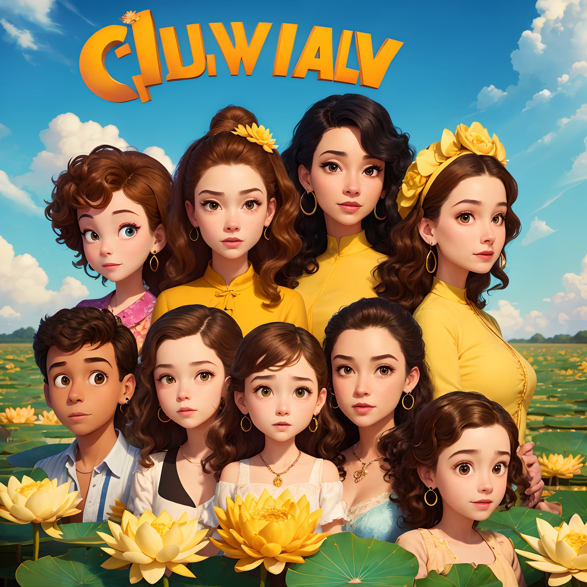 A Disney Pixar-inspired movie poster with title família. An adult Caucasian woman with brown wavy hair with a lotus flower blouse and earrings and brown eyes, a Caucasian age girl with black wavy hair with a yellow crop top and earrings and eye the scene should be in the distinct digital art style of Pixar família