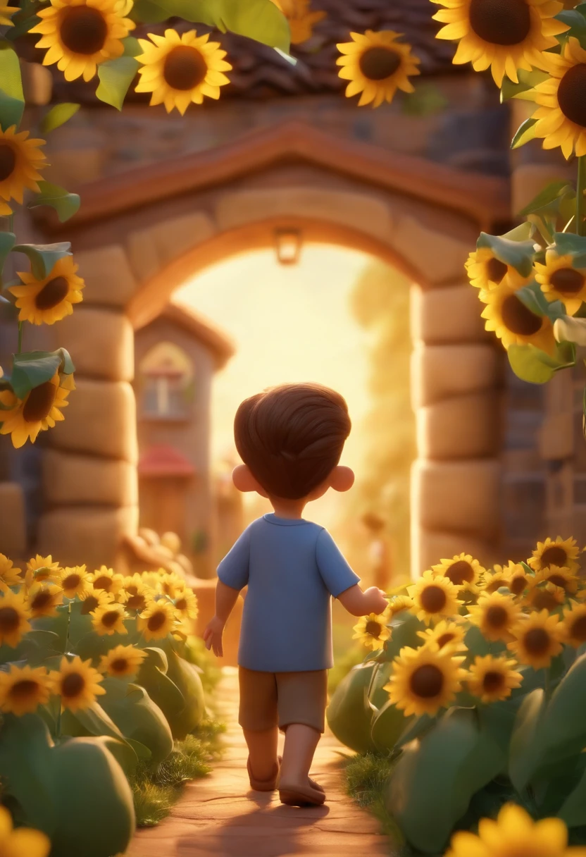Create a Disney PIXAR-style 3D poster. ((centro da imagem, Triplets)), ((3 )) ((1 menino no meio e 2 meninas ao lado, They're hugging each other, O menino tem pele castanha e cabelos castanhos escuros e olhos castanhos escuros, 1 menina tem pele clara, olhos e cabelos escuros e cacheados, e a outra menina tem pele morena, olhos escuros e cabelos escuros e lisos)) ((tudo isso no estilo Disney PIXAR 3D, In the background, A house of sunflowers, Gloria Studio, The garden is full of nature 3D render RTX clay material, estilo de design cartunesco, POP Mart, soft lighting, linhas suaves, Spring tilt, Detailed illustrations of PIXAR 3D, Detalhes hiper-realistas, cor quente no estilo Disney PIXAR 3D))