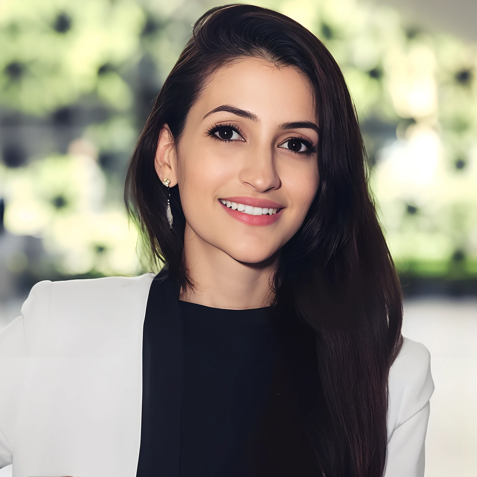 Uma mulher de 25 anos, com longos cabelos castanhos escuros, pele clara, sorriso encantador, e olhos castanhos, in an art lobby, studio lighting, sign language interpreter and sign language teacher. She's wearing black clothes, blouse and black jeans, with white blazer. Professional of tourism.