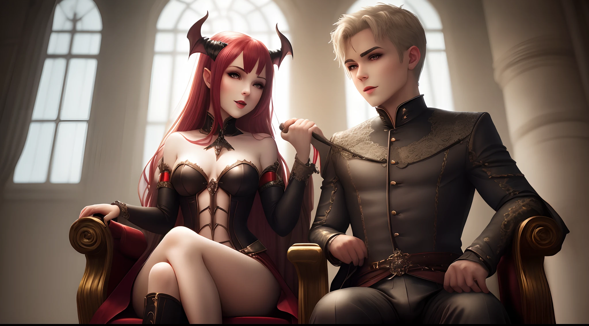 Succubus sitting at throne whith male slave