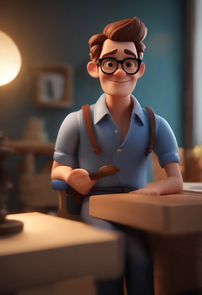 Cartoon character of a man wearing black glasses and a blue shirt, um personagem animado, Caractere estilizado, animation style rendering, 3D estilizado, Arnold Maya render, 3 d render stylized, toon render keyshot, Personagem 3D, Personagem 3D, 3d rendering stylized, 3 d character render, personagem de desenho animado, Personagem de close up, Pose de personagem, (Estilo Pixar) (master part:1.2) (Bokeh) (best quality) (pele detalhada) (textura detalhada) (8k) (argila) (Cinematic lighting) (foco nítido，Senta e vaza a parte superior do corpo