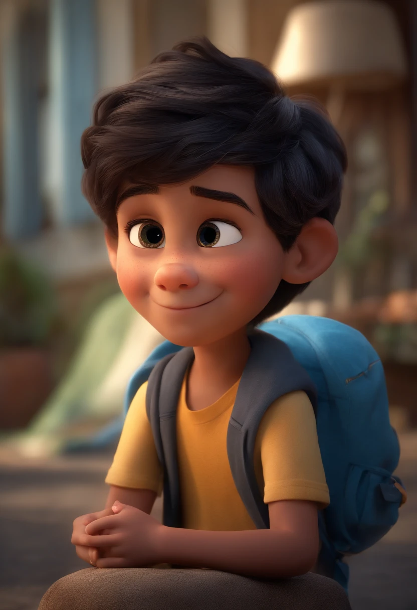 3 anos estilo desenho animado, Pixar, cabelo cacheado, segurando um Stichde pelucoa , roupa azul, sorrindo