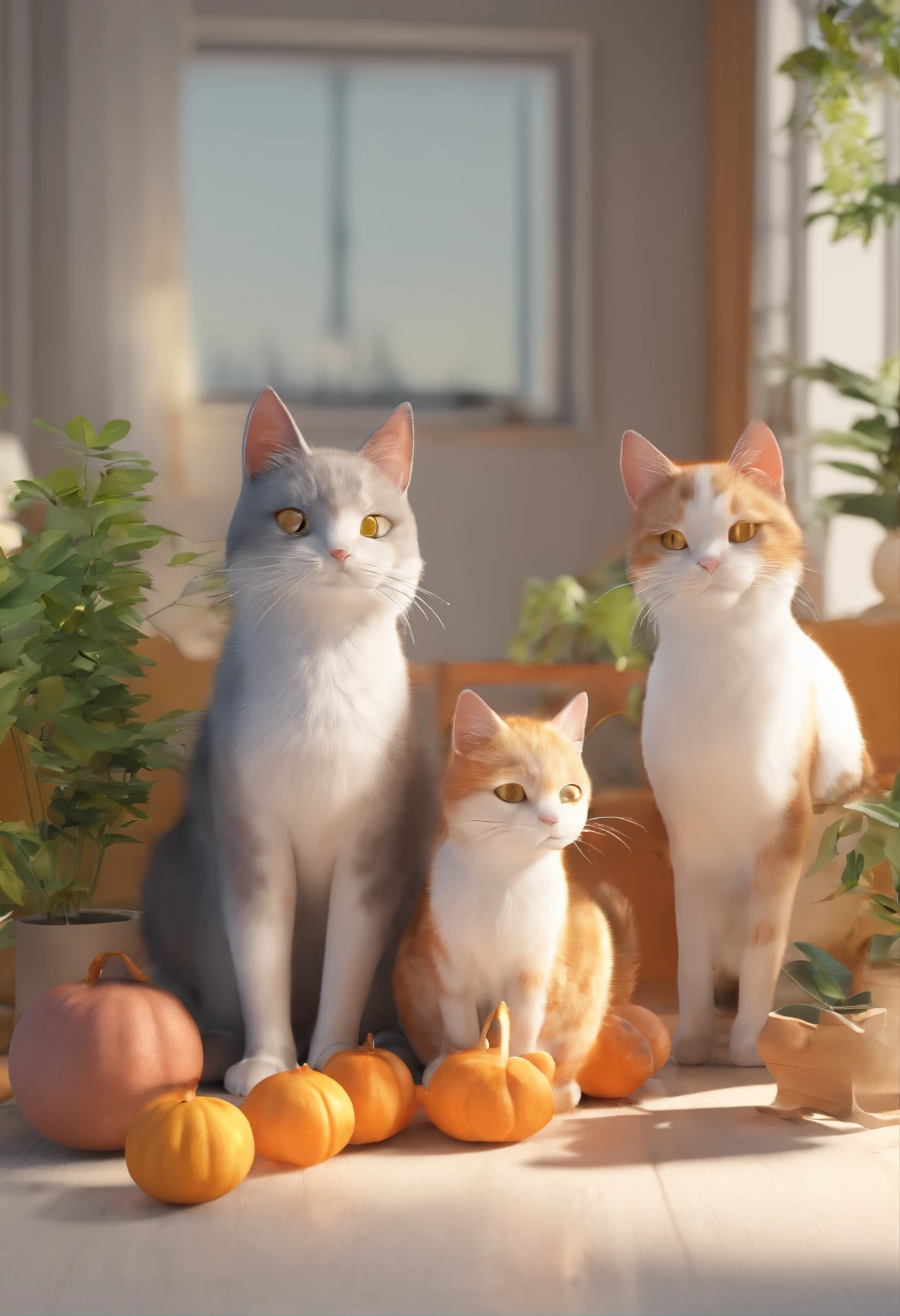 Uma familia com Pai, mami, uma gato branco e laranja e uma gata malhada cinza
