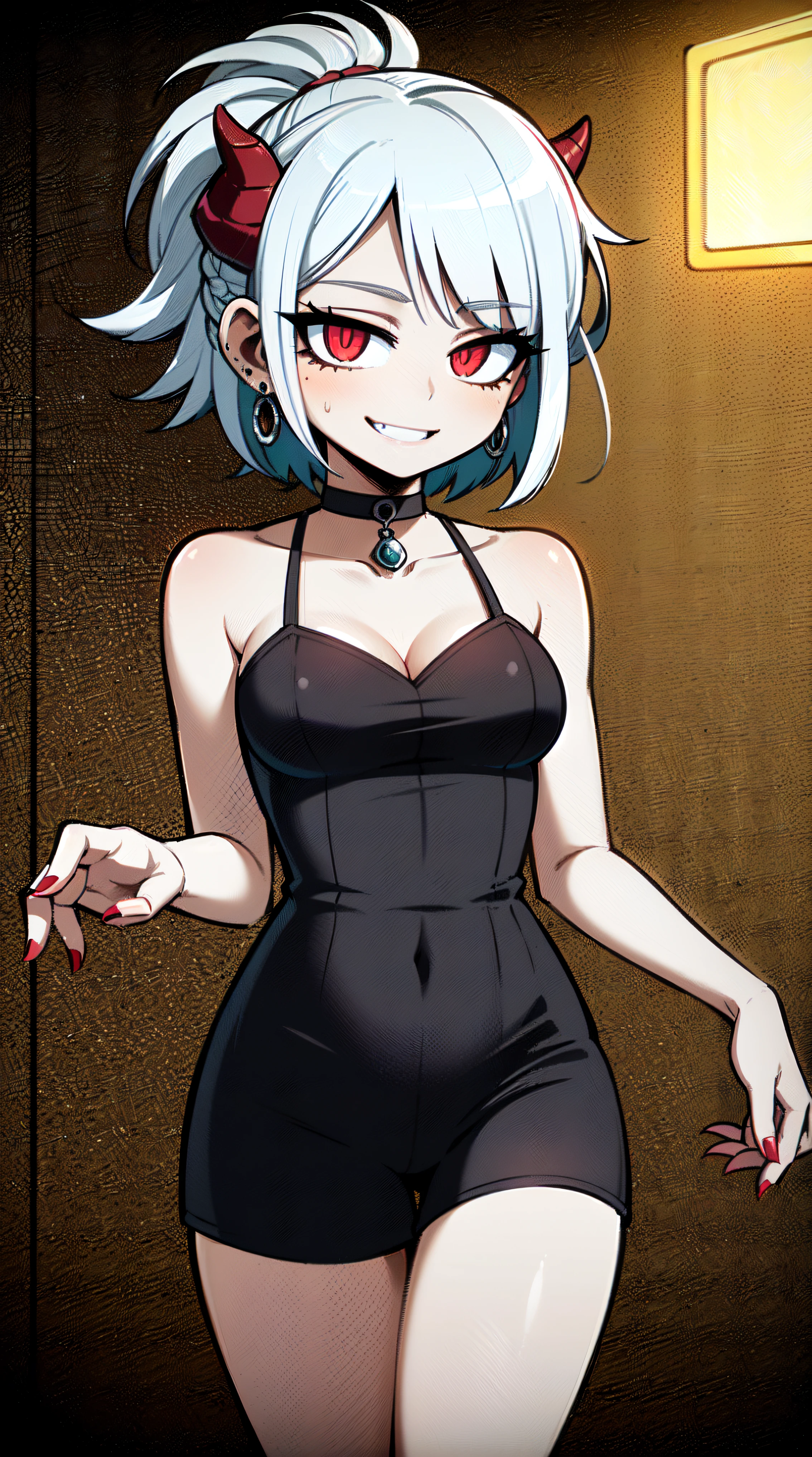 BLACKLIGHT, ((NSFW)), ((Small Boobs)), realistic art, extremely delicate and beautiful, ultra-detailed, (1girl), ((Red eyes)), floating, detailed light, illustration, dynamic angle, depth of field, ((((milf)))), girly, ((Red and White hair, multicoloured hair, Red highlights hair, (Ponytail), hair ornament, hair flower, flower, makeup, braid, smile)), demon eyes, fangs, pale white skin, (((best quality, 1girl, (skindentation), (blur background:0.6), (casual yet stylish, ((Demon Horns)), ), gorgeous, (short hair:1.5), soft lighting, wind, (front light:1.5), surprised, choker, smile, jewelry, earrings))), (ultra high res, best quality,), (8k, raw photo, best quality, masterpiece), technological sense, best quality, masterpiece, illustration,CG ,unity ,wallpaper, official art, Amazing, finely detail, an extremely delicate and beautiful,extremely detailed, highly detailed, sharp focus,rich background, (real person,photograph), ((high detailed skin)), ((( , (crazy eyes:1.3), (wide-eyed:1.2), (glowing eyes), (Demon) ))), (((a close up of a person with a weird face and nails, gothic maiden anime girl, gothic - cyberpunk, cyberpunk horror style, gothic art style, detailed digital anime art, gothic art, demon anime girl, gothic girl face, anime style 4 k, dark art style, anime cyberpunk art, gothic aesthetic, 1 7 - year - old anime goth girl, gothic horror vibes)))