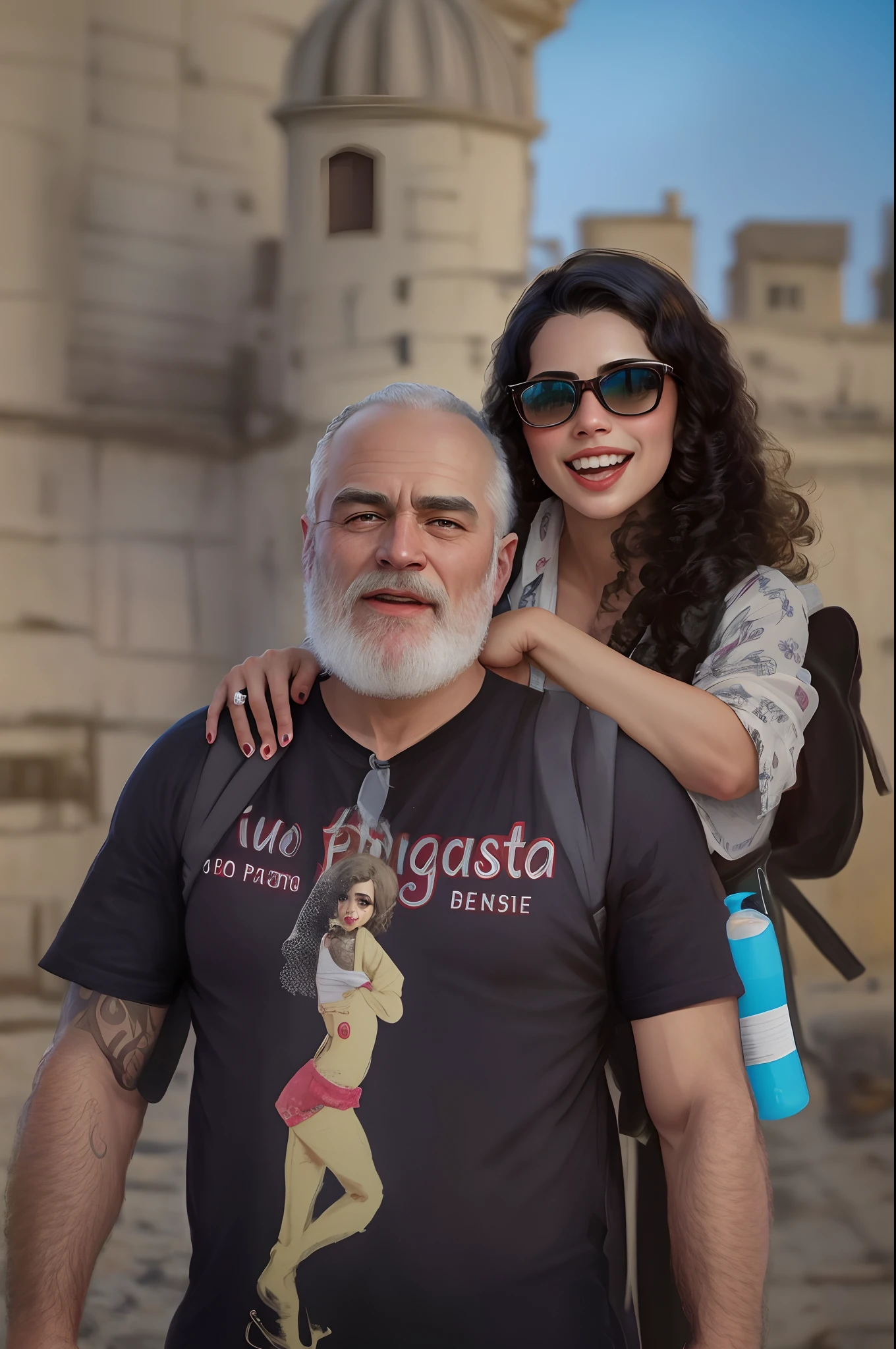 obras, best quality, homem de barba branca e de camisa preta com desenho de uma pin UP e garota, alternativa de cabelo cacheado, Wearing Water Eyes Sunglasses, sorriso sedutor, tongue, olhos negros, long eyeslashes, seios grandes, Toupeira no peito, camisa estampa