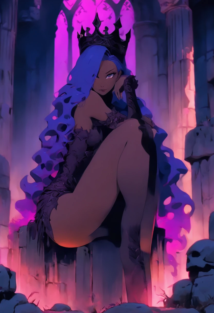 tall woman, with bluish skin, sitting on a stone throne inside a ruined castle, dominated by nature, poor lighting, gloomy place, She has a black iron crown With a purple jewel, His Expression is malicious, his eyes are purple, his lips have black lipstick, She is wearing a special type of clothing, it is purple skin that covers her entire body, this skin that covers her body is dark purple, he She has dark pink hair, her appearance is evil, She is totally seductive, her breasts are big, big breasts, huge breasts, thick thighs, big thighs, thick body Big ass, big glutes, big ass, silicone, She is sitting in a teasing way, the ruined castle has a shadowy sphere, {Best quality} {Masterpiece} {frontal focus} {focus on the woman} {poor lighting} {sexy woman}