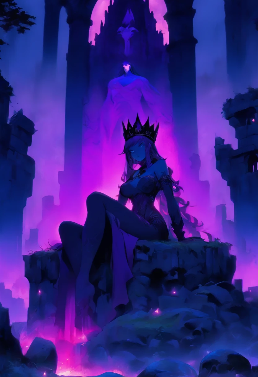 tall woman, with bluish skin, sitting on a stone throne inside a ruined castle, dominated by nature, poor lighting, gloomy place, She has a black iron crown With a purple jewel, His Expression is malicious, his eyes are purple, his lips have black lipstick, She is wearing a special type of clothing, it is purple skin that covers her entire body, this skin that covers her body is dark purple, he She has dark pink hair, her appearance is evil, She is totally seductive, her breasts are big, big breasts, huge breasts, thick thighs, big thighs, thick body Big ass, big glutes, big ass, silicone, She is sitting in a teasing way, the ruined castle has a shadowy sphere, {Best quality} {Masterpiece} {frontal focus} {focus on the woman} {poor lighting} {sexy woman}