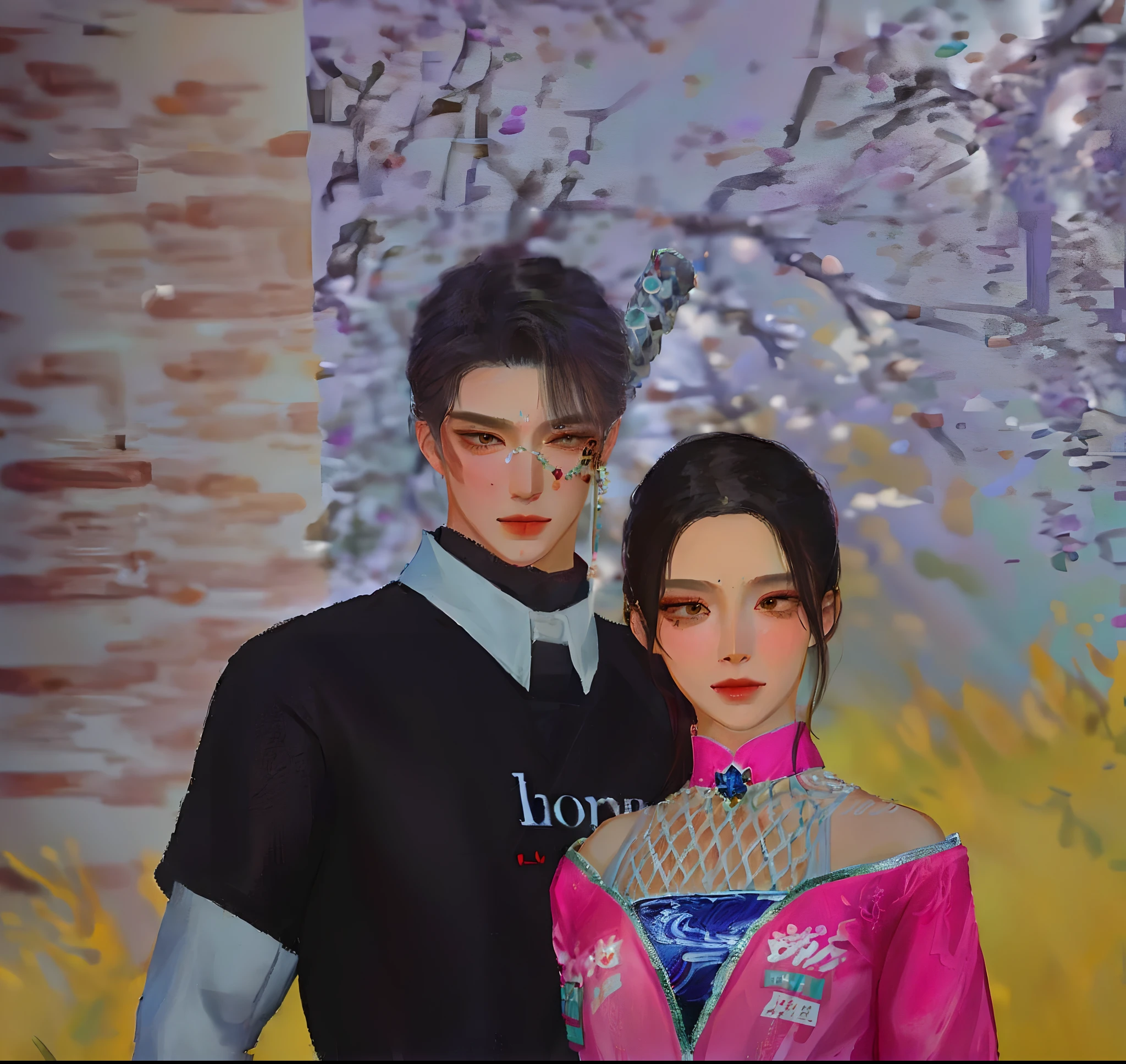 there is a man and woman standing next to each other, nixeu and sakimichan, lovely couple, ruan jia and brom, sakimichan and frank franzzeta, hidari and vlop, inspired by Hong Ren, couple pose, inspired by Sim Sa-jeong, inspired by Jin Nong, artwork in the style of guweiz