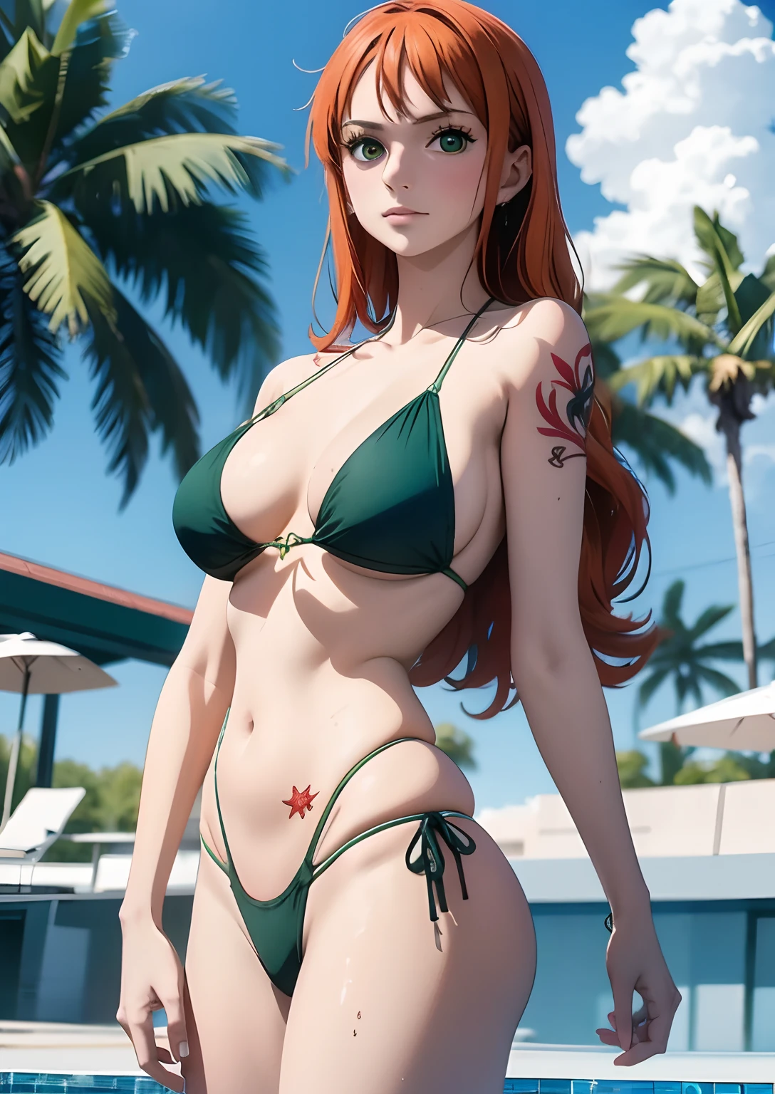 masterpiece, best quality, hi-res ,, one girl, solo, green eyes, long hair, red hair,, bangs, eyebrows, (crotch tattoo:1.1), slingshot swimsuit, poolside, wet,