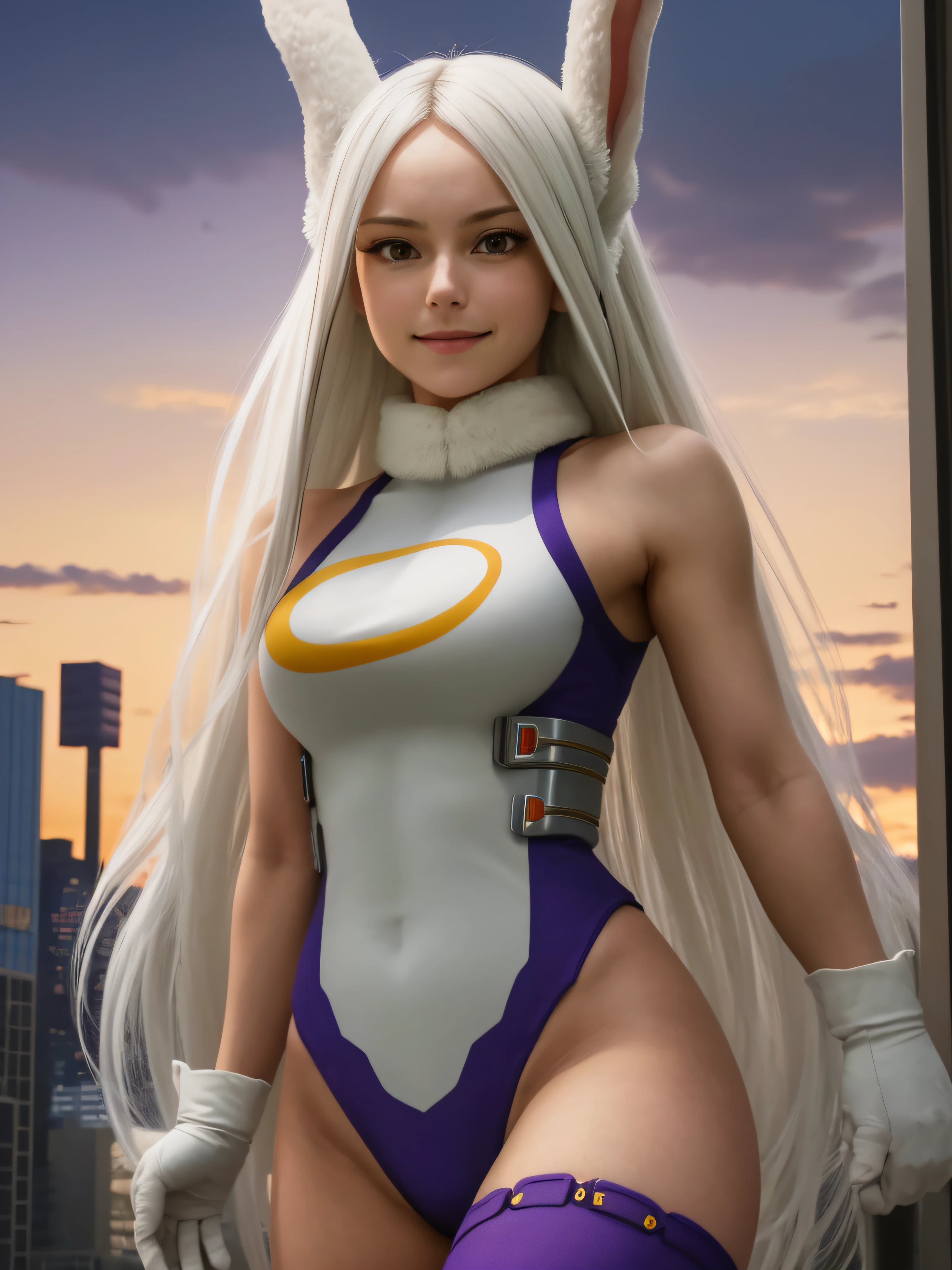 scan, (extremely detailed CG unity 8k wallpaper:1.1), highres, ambient light, (1girl), mirkomha, boku no hero academia, rabbit ears, ((dark-skinned female)), ((dark skin)), red eyes, sleeveless, white gloves, highleg leotard, (white hair, long hair), large breasts, fur collar, purple thighhighs, white leotard, city, night, looking at viewer, smirk