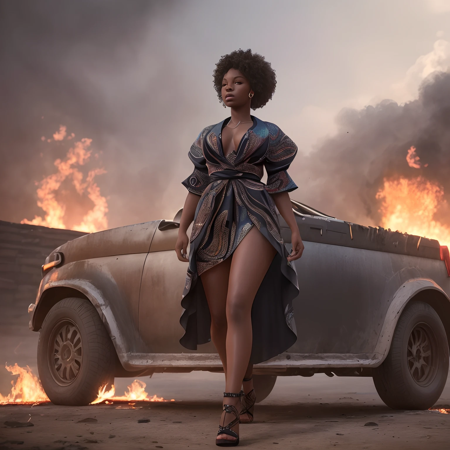 A black woman dressed in African designed high fashion clothes, haute couture fashion, captures the essence of this poem in quotes, "TRAUMA STEALS YOUR VOICE People get so tired of asking you what's wrong and you've run out of nothing to tell them. You've tried and they've tried, but the words just turn to ashes every time they try to leave your mouth. They start as fire in the pit of your stomach, but come out in a puff of smoke. You are not you anymore. And you don't know how to fix this. The worst part is..you don't even know how to try," beautiful visuals and scenery surrounded by nature, soft light shining in the scene, with iridescent light, cinematic lighting, artgerm style, 32k, ultra HD, unreal engine rendered, hyper-realistic image, octane 3d rendering, trending on artstation, cinematic lighting --auto --s2