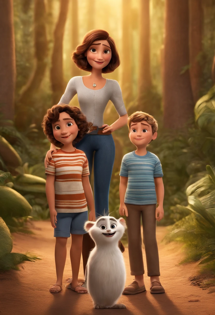 a Disney Pixar movie poster showing a white-skinned family. The father is the tallest, Tem barba curta, moreno claro, short hair and is wearing a StarWars t-shirt.. The mother has brown eyes and hair, shoulder-length and is skinny and wearing a Harry Potter t-shirt. A tem 2 anos e cabelos castanhos claros, Smooth and wavy at the ends of Patati Patatá l clothing. The background is a xirco6. 3D-rendering