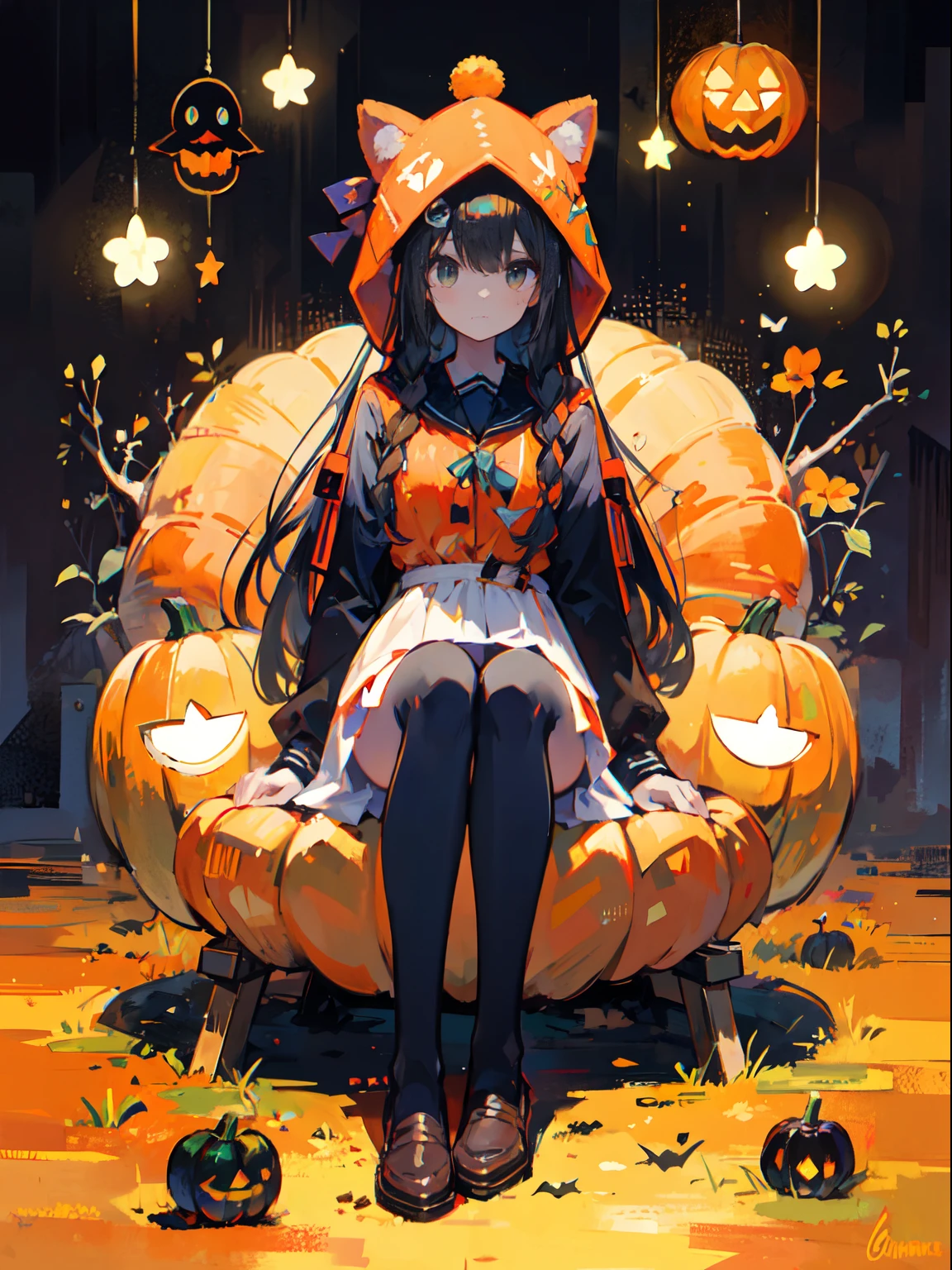 girl with orenge tied hair and a pumpkin hat, sit pose, halloween theme,