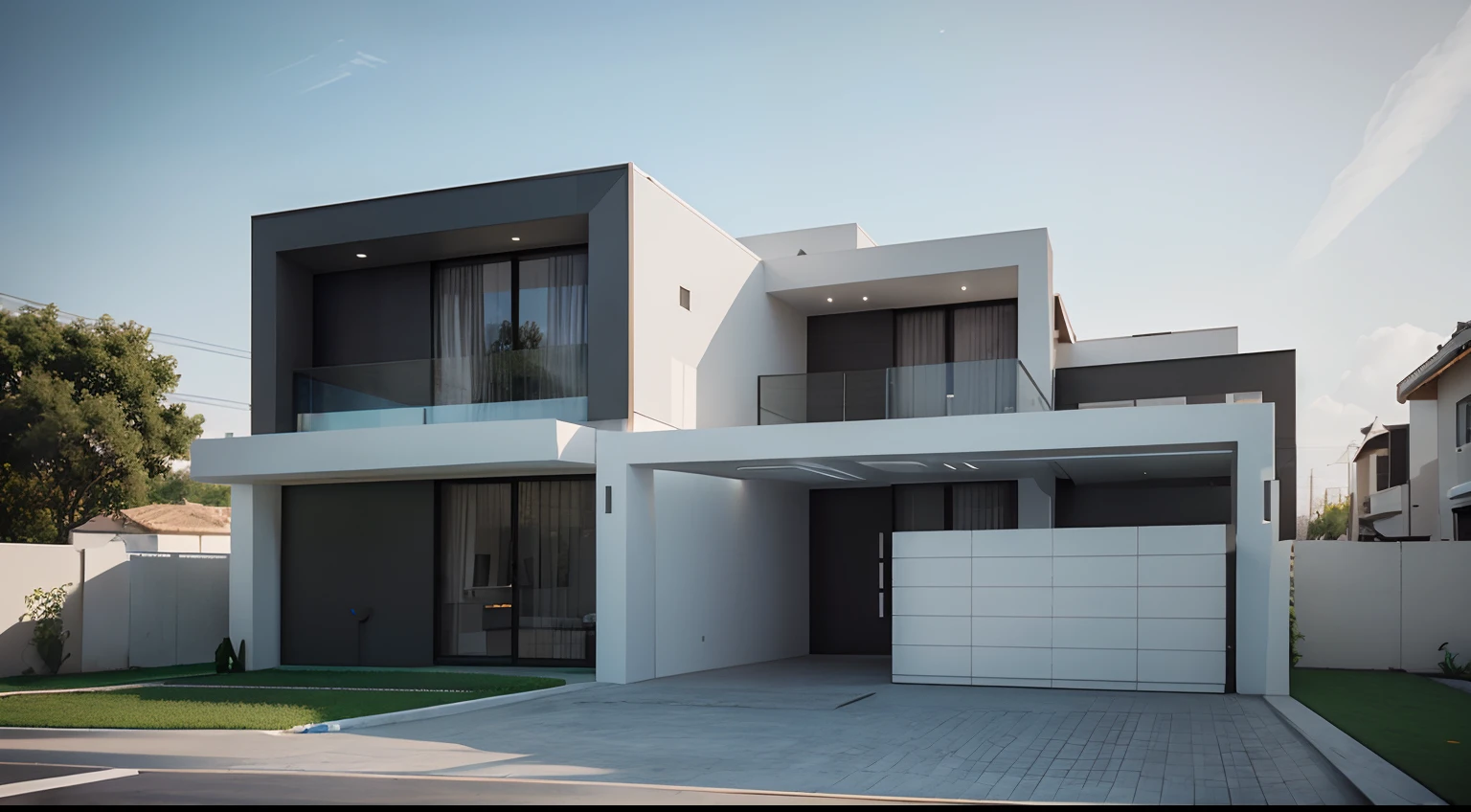 Casa com uma garagem, uma porta principal e com uma grande janela e uma luz acesa, luxcore render, render to resolute perfection, award winning render, award winning render, lumion rendering, high-quality render, an award winning digital render, sleek utopian design, minimalista moderno, architectural 3 d render, professional render, elegant render, crisp smooth clean lines, estilo moderno
