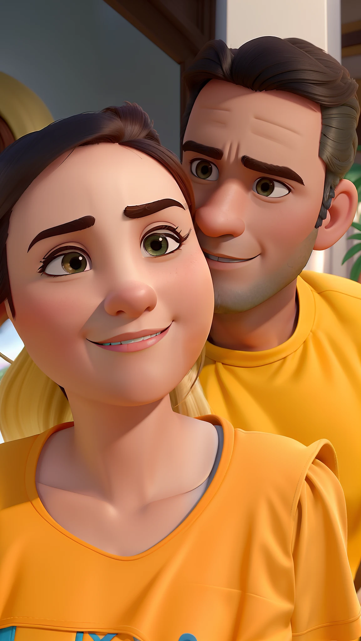 Casal (homem branco e moreno e mulher loira cabelo curto e branca) no estilo Disney Pixar, alta qualidade, melhor qualidade. Numa paisagem de natureza ao fundo