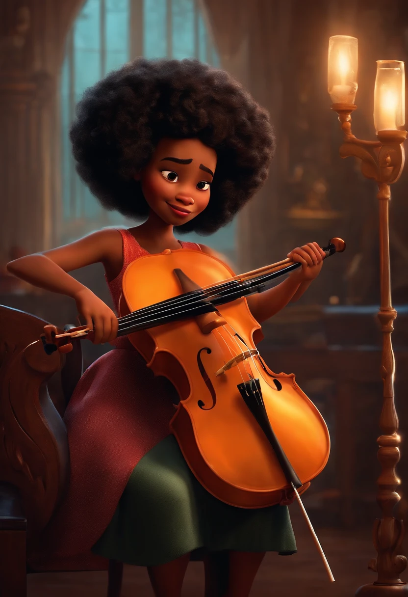 Um filme inspirado na Disney Pixar ( NEGRA JOVEM COM CABELO LONGO ENCARACOLADO PRETO) dentro A cena estar na arte distinta do estilo PIXAR, cool and stylish playing the cello and a Title (Sabrina)