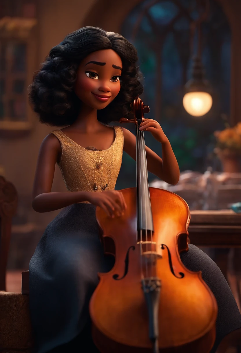 Um filme inspirado na Disney Pixar (MENINA NEGRA JOVEM COM CABELO LONGO ENCARACOLADO PRETO) dentro A cena estar na arte distinta do estilo PIXAR, cool and stylish playing the cello and a Title (Sabrina)