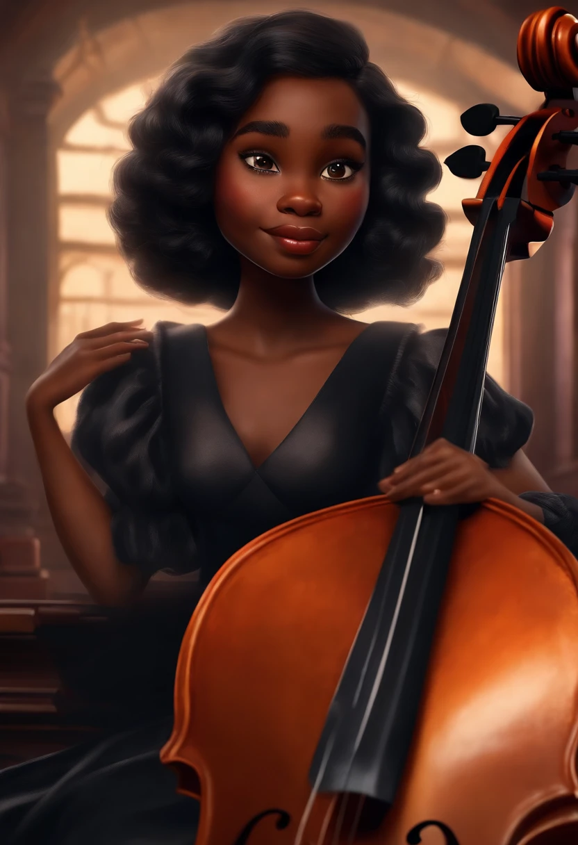 Um filme inspirado na Disney Pixar (MENINA NEGRA JOVEM COM CABELO LONGO ENCARACOLADO PRETO) dentro A cena estar na arte distinta do estilo PIXAR, cool and stylish playing the cello and a Title (Sabrina)