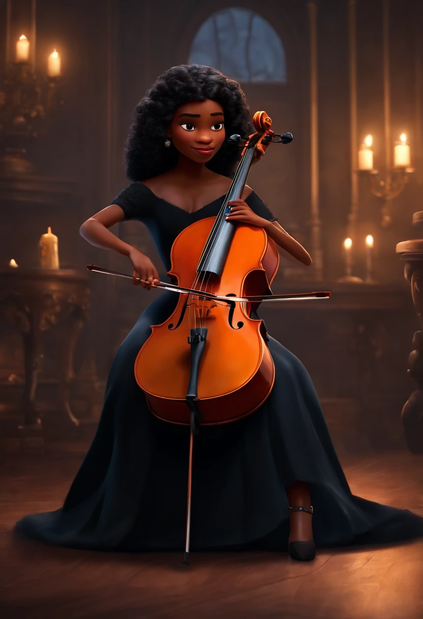 Um filme inspirado na Disney Pixar (MENINA NEGRA JOVEM COM CABELO LONGO ENCARACOLADO PRETO) dentro A cena estar na arte distinta do estilo PIXAR, cool and stylish playing the cello and a Title (Sabrina)