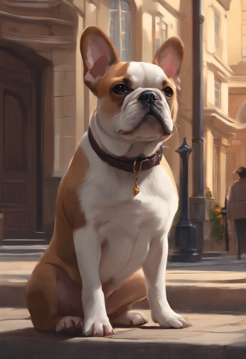 Anime-style photo of a dog sitting on the sidewalk in front of the building, arte digital detalhada bonito, arte oficial altamente detalhada, lovely digital painting, arte oficial, autor:Shitao, por Yang J, arte de fundo, retrato da figura, arte de fundo, Anthropomorphic French Bulldog, autor:Yao Tingmei, arte chave detalhada do anime