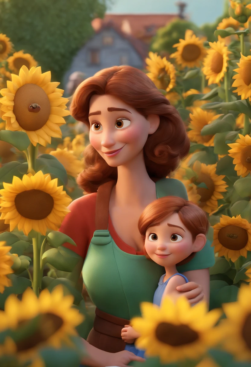 Create a Disney PIXAR-style 3D poster. ((centro da imagem, mother and daughter)), ((1 )), ((Mother and daughter with slight Japanese features)) ((tudo isso no estilo Disney PIXAR 3D, In the background, A house of sunflowers, Gloria Studio, The garden is full of nature 3D render RTX clay material, estilo de design cartunesco, POP Mart, soft lighting, linhas suaves, Spring tilt, Detailed illustrations of PIXAR 3D, Detalhes hiper-realistas, cor quente no estilo Disney PIXAR 3D))