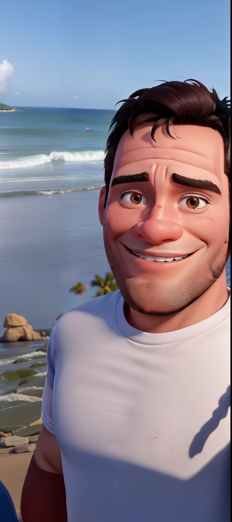 Homem estilo Disney sorrindo na praia