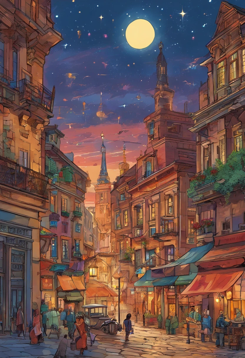 (best quality,highres:1.2),detailed scene of several meteors falling from the sky in a quaint, not-so-modern city during the daytime,classic painting style with vibrant colors,soft glowing sunlight,old-fashioned architecture,vibrant street life,historical atmosphere, cobblestone streets and narrow alleyways,bustling market stalls,curious onlookers,flickering street lamps, and a sense of awe and wonder,beautifully sculpted statues and intricate fountains,people pointing and marveling at the celestial display,city skyline backdrop with tall, elegant towers and steeples,grand cathedral with stained glass windows,sunlit clouds parting to reveal the meteor shower,leaves rustling in the gentle breeze,fluttering flags and banners draped across the buildings,majestic horses pulling vintage carriages,creating a magical and nostalgic ambiance, capturing the excitement and exhilaration of witnessing this extraordinary celestial event.