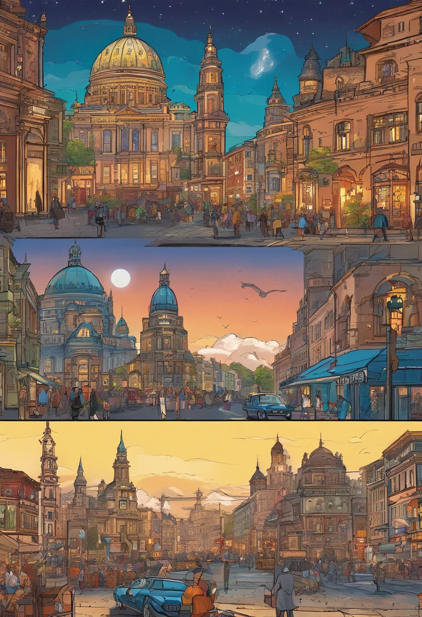 (best quality,highres:1.2),detailed scene of several meteors falling from the sky in a quaint, not-so-modern city during the daytime,classic painting style with vibrant colors,soft glowing sunlight,old-fashioned architecture,vibrant street life,historical atmosphere, cobblestone streets and narrow alleyways,bustling market stalls,curious onlookers,flickering street lamps, and a sense of awe and wonder,beautifully sculpted statues and intricate fountains,people pointing and marveling at the celestial display,city skyline backdrop with tall, elegant towers and steeples,grand cathedral with stained glass windows,sunlit clouds parting to reveal the meteor shower,leaves rustling in the gentle breeze,fluttering flags and banners draped across the buildings,majestic horses pulling vintage carriages,creating a magical and nostalgic ambiance, capturing the excitement and exhilaration of witnessing this extraordinary celestial event.