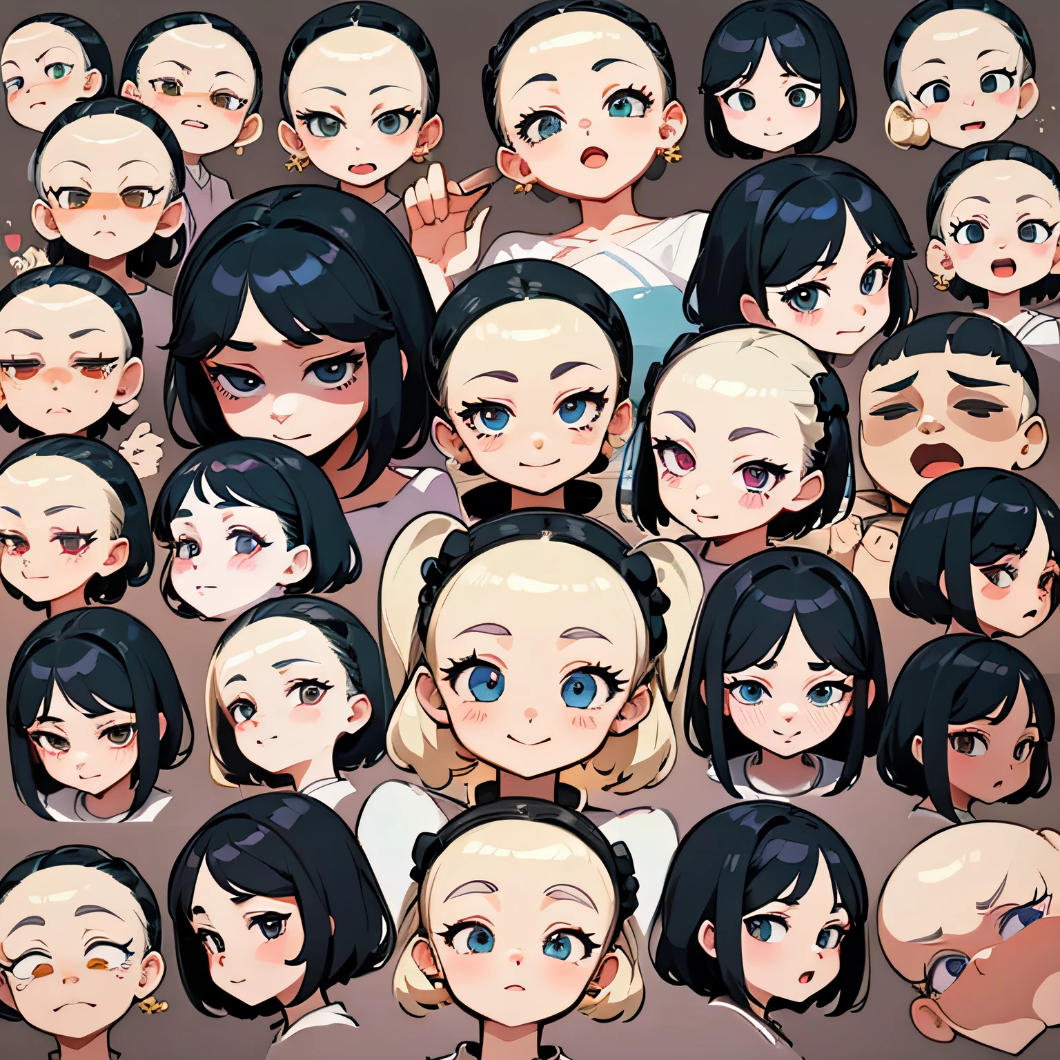 cute girl, emoji pack, 16 emoticons, emoji sheet, multiple poses and expressions, anthropomorphic style, Disney style, black strokes, different emotions,multiple poss and expressions, 8k --niji 5